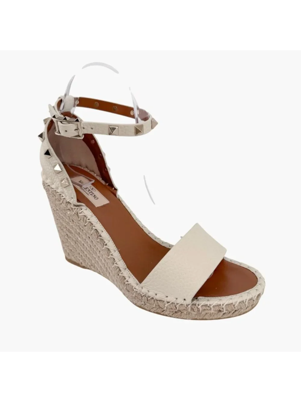 Valentino Rockstud Espadrille Wedge Sandals White Leather Size 39 US 9 Platform